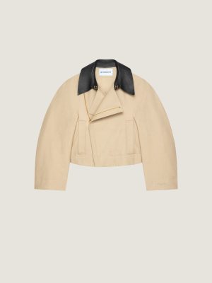 Cropped Peacoat With Leather Collar In Cotton And Wool