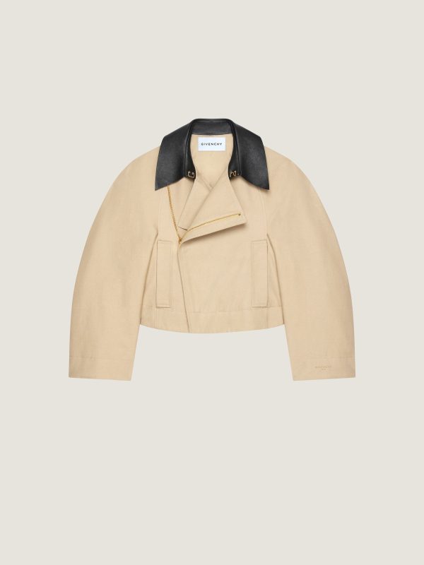 Cropped Peacoat With Leather Collar In Cotton And Wool