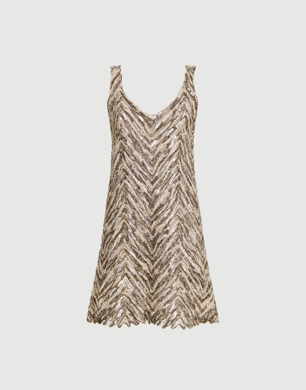 Dazzling Chevron Embroidery Mini Dress In Paper Yarn, Linen And Silk