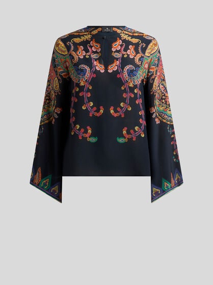 Silk Blouse With Placed Floral Paisley Print