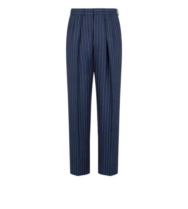 Wool Silk Linen Hopsack Stripe Double Pleat Pant
